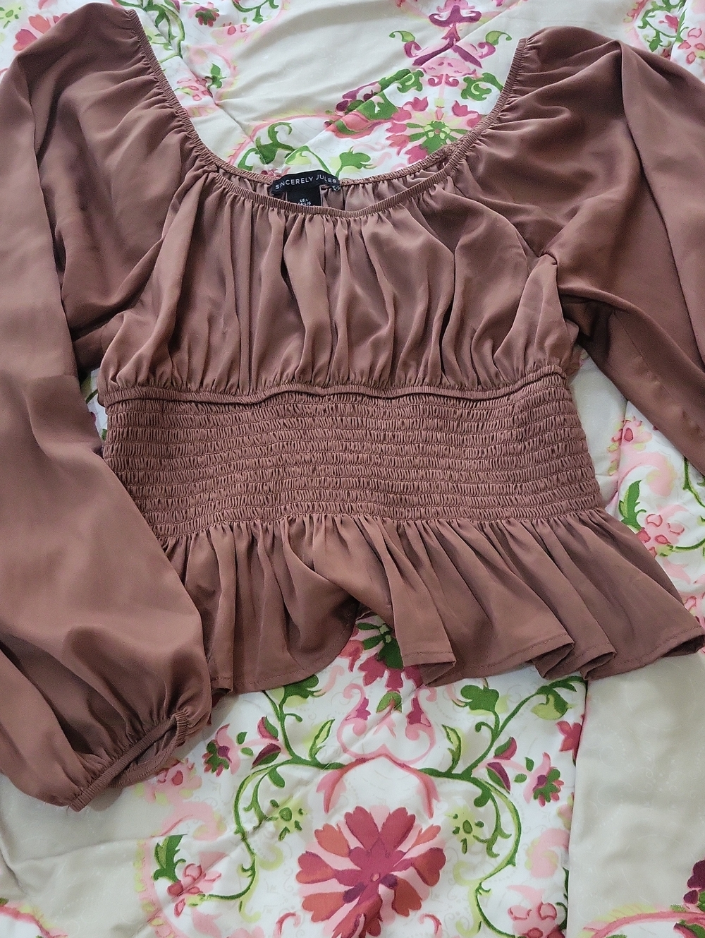 Sincerly Jules Mauve Smocked Peplum Long-Sleeve Blouse